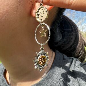 Two-Tone Sun & Moon Dangle Earrings — Gold and Silver Celestial Drop